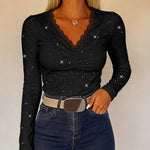 Women's Sparkle Glitter V Neck Long Sleeve Top Ruched Lace Trim Tee