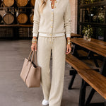 Women's 2 Piece Cable Knit Tracksuit Baseball Collar Crop Coat and High Waist Pants Set