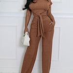 Women's Ribbed 2 Piece Outfits Tied Waist Crop Top and Straight Leg Pants Set Casual Matching Set with Pockets