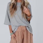 Women's Crewneck Drop Shoulder T-Shirt Back Ruffle Slit Half Sleeve Loose Casual Top