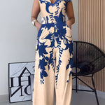 Floral Print Off Shoulder Sleeveless Deep V-Neck Jumpsuit Casual Zipper Side Wide Leg Jumpsuit