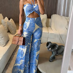 Women's Palm Leaf Print 2 Piece Set Convertible Halter Tie Top and Ruffle Wide Leg Pants Casual Vacation Set