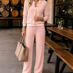 Women's 2 Piece Cable Knit Tracksuit Baseball Collar Crop Coat and High Waist Pants Set