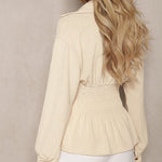 Women's Turn-down Collar Long Sleeve Button Front Blouse Shirred Waist Peplum Top