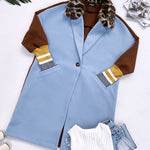Color Block Long Trench Coat Single Breasted Detachable Fuzzy Leopard Pattern Lapel Overcoat