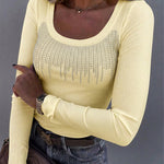 Women's Square Neck Long Sleeve Top Rhinestone Ribbed Knit Shirt Slim Fit Casual Sparkly Tee