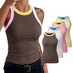 Women's Contrast Trim Ribbed Tank Top Slim Fit Sleeveless Round Neck Basic Camisole for Streetwear & Layering