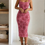 Women's Vintage Floral Print Midi Dress Square Neck Thick Strap Bodycon Dress Elegant Velvet Party Dress