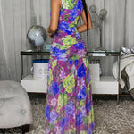 Women's Floral Print Ruched Mesh Sleeveless Maxi Dress Elegant Vacation Dress