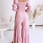 Sweetheart Neck Puff Sleeve Drawstring Front Shirred Overalls Casual Cutout Front Ruffle Hem Wide Leg Jumpsuit