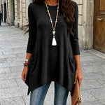 Women's Ribbed Asymmetrical Hem Top Crewneck Three Quarters Sleeve A-Line Casual Top