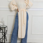 Cable Textured High Neck Lantern Sleeve Bow Tie Waist Sweater Casual High Slit Knit Longline Top