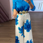 2 Pieces Outfit Long Sleeve Satin Blouse and Casual Floral Print High Waist Wide Leg Pants Set