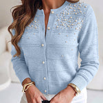 Women's Pearl Beaded Knit Cardigan Elegant Hollow Out Crop Sweater Casual Button Down Coat