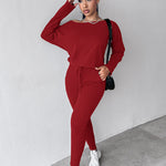 2 Pieces Outfit Long Sleeve Skew Neck Pullover Top and Drawstring Elastic Waist Slim Fit Pants Set