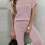 Women's 2 Piece Knit Set Lace Patchwork Short Sleeve Top and Wide Leg Pants Casual Ribbed Brushed Lounge Set