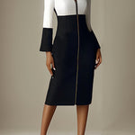 Long Sleeves Contrast Color Split-Joint Zipper Stand Collar Midi Dresses