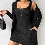 2 Pieces Outfit U-Neck Thick Strap Button Front Slim Fit Ribbed Knit Dress and Casual Long Sleeve Pockets Design Open Front Cardigan Coat Set