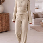 Women's 2 Piece Ribbed Knit Lounge Set Boat Neck Flare Sleeve Ruched Top and Wide Leg Pants Set
