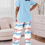 2 Pieces Outfit Letter Print Round Neck Short Sleeve Top And Tie Dye Print Elastic Waist Loose Fit Pants Set Casual Pajamas Set