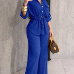 2 Pieces Outfit Vintage Turn-down Collar Roll Up Sleeve Button Front Flap Pocket Design Waist Drawstring Top and Elastic Waist Wide Leg Pants Set Casual Textured Commuting Set