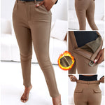Elastic Waist Padded Stretch Slim Fit Calf Pants with Pocket