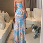 CHICME Women's Watercolor Floral Bandeau Maxi Dress Sexy Cutout Shirred Waist Mermaid Dress Ruffle Hem Vacation Dress