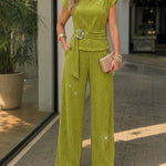 Women's Rhinestone Textured 2 Piece Outfits Mock Neck Cap Sleeve Ruched Top and Wide Leg Pants Set Casual Work Suit