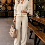 Women's 2 Piece Cable Knit Tracksuit Baseball Collar Crop Coat and High Waist Pants Set