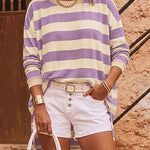 Women's Striped T Shirt Long Sleeve Drop Shoulder Crewneck Tee Side Slit Casual Loose Fit Top