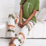 2 Pieces Outfit Letter Print Round Neck Short Sleeve Top And Tie Dye Print Elastic Waist Loose Fit Pants Set Casual Pajamas Set