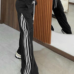 Contrast Side Striped & Zipper Slit Side Drawstring Elastic Waist Trousers Casual Wide Leg Pants