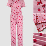 2 Pieces Outfit Strawberry Print Stand Collar Short Sleeve T-shirt and Pants Pajamas Set