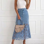 Women's Guipure Lace Spliced Denim Skirt High Waisted Jean Skirt French-Style Casual Skirt