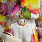 2 Pieces Outfit Stand Collar Lantern Sleeve Button Front Top and High Waist Elastic Waist Shorts Set Casual Watercolor Floral Placement Print Set with Belt & Lining