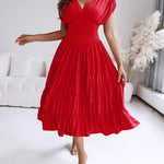 Women's Deep V-Neck Backless High Waist Ruched Ruffle Midi Dress