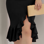 Cold Shoulder Beaded Slit Bodycon Dress Ruffle Hem Zipper Back Party Dress