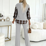 Vintage Plaid Print Spliced Turn-down Collar Long Sleeve Faux Two-Piece Top and Elastic Waist Pants Set Casual Ribbed Brushed Commuting Set
