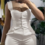 2 Pieces Outfit Thick Strap Button Front Shirred Back Slim Fit Crop Top and Casual High Waist Zipper Fly Elastic Back Waist Wide Leg Pants Set