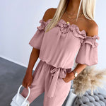 Frill Trim Off Shoulder Short Sleeve Tie Waist Overalls Casual Textured Jumpsuit