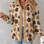 Women's 3D Faux Shearling Floral Jacket Corduroy Trim Button Down Fleece Coat