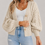 Women's Cable Knit Cardigan V Neck Button Down Chunky Knit Sweater Loose Lantern Sleeve Warm Outerwear