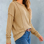 Women's Ribbed Knit Long Sleeve Top Casual Seam Crewneck Pullover