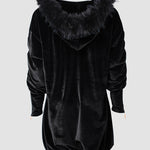 Velvet Fuzzy Trim Hooded Mini Dress Long Sleeve Zipper Design Sweatshirt Pullover Casual Dress