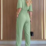 Women's Cold Shoulder Jumpsuit Casual High Waist Shirred Cuffed Overalls with Pockets