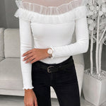 Women's Ruffle Sheer Mesh Spliced Long Sleeve Ribbed Knit Top