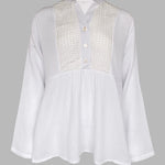Notch Neck Roll Up Sleeve Lace Overlay Shirt Half Button Front Ruffle Hem Casual Top
