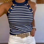 Women's Halter Neck Tank Top Striped Sleeveless Gold Button Contrast Binding Knit Top