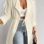 Women's Textured Drawstring Waist Lapel Coat Mid-length Roll Up Sleeve Button Front Trench Jacket