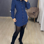 Women's Vintage Plaid Drawstring Long Sleeve Casual Dress Shirred Button Down Shirt Dress